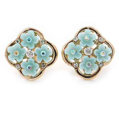 Gold Tone Light Blue Acrylic, Clear Crystal Floral Stud Earrings - 16mm