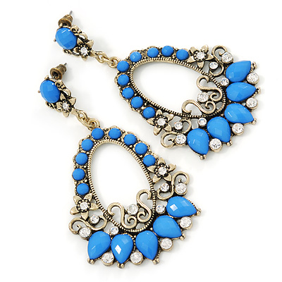 Blue Acrylic Bead, Clear Crystal Chandelier Earrings In Gold Tone - 75mm L