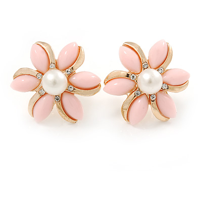 Baby Pink Acrylic, Crystal Flower Stud Earrings In Gold Tone - 20mm D