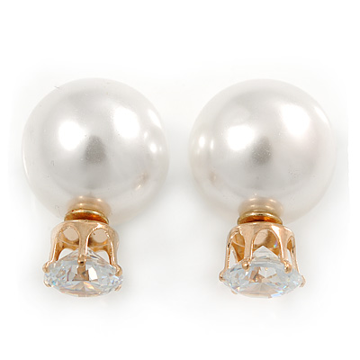 13mm/ 5mm Gorgeous Wedding/ Bridal/ Prom White Faux Pearl Front Back Stud Earrings In Gold Tone Metal