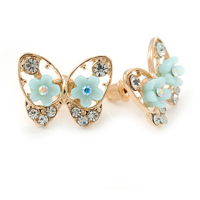 Gold Plated, Crystal with Light Blue Flowers Stud Butterfly Earrings - 20mm W - main view