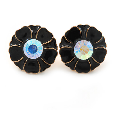 Black Enamel Crystal Daisy Stud Earrings In Gold Tone - 15mm D - main view