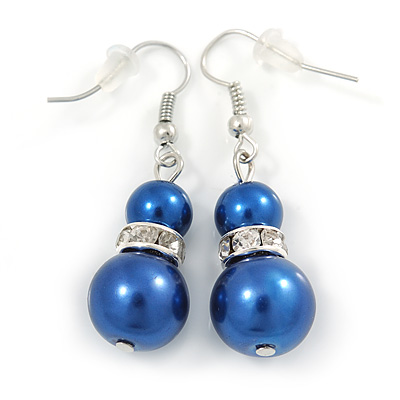 Purple Blue Glass Pearl, Crystal Drop Earrings In Rhodium Plating - 40mm L - main view