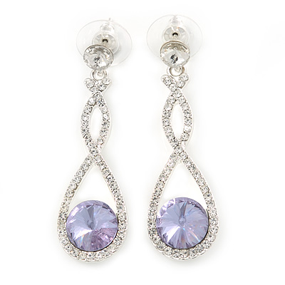 Bridal/ Prom/ Wedding Amethyst/ Clear Austrian Crystal Infinity Drop Earrings In Rhodium Plating - 50mm L