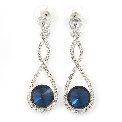 Bridal/ Prom/ Wedding Montana Blue/ Clear Austrian Crystal Infinity Drop Earrings In Rhodium Plating - 50mm L - main view
