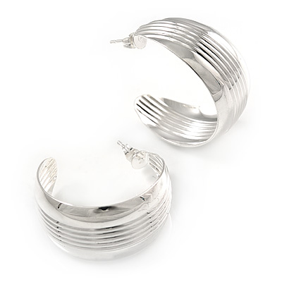 Medium Ribbed Silver Plated Half Hoop/ Creole Earrings - 35mm L
