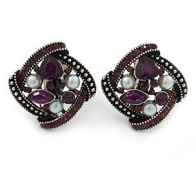 Marcasite Square Deep Purple Crystal, White Peal Clip On Earrings In Antique Silver Tone - 20mm L