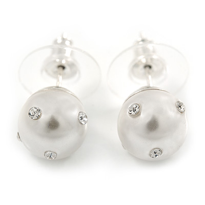 9mm White Faux Pearl with Clear Crystal Stud Earrings In Silver Tone - main view