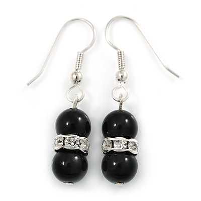 Small Black Ceramic Bead with Crystal Ring Drop Earrings In Silver Tone - 40mm L - main view