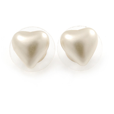 Small Cream Acrylic Heart Stud Earrings In Gold Tone - 10mm L