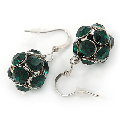 Emerald Green Crystal Ball Drop Earrings In Silver Tone - 30mm L