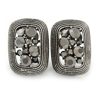Vintage Inspired Hematite Crystal Rectangular Clip On Earrings In Antique Silver - 25mm L - main view