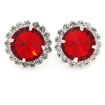Siam Red/ Clear Round Cut Acrylic Bead Stud Earrings In Silver Tone - 20mm D
