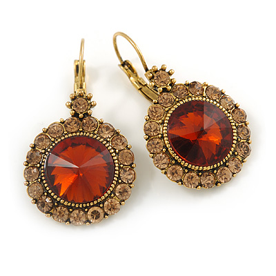 Vintage Inspired Round Cut Champagne/ Amber Glass Stone Drop Earrings With Leverback Closure In Antique Gold Metal - 40mm L - main view