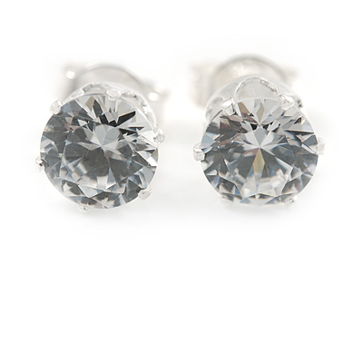 6mm Clear CZ Round Cut Stud Earrings In Rhodium Plating