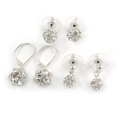 3 Pairs of Crystal Ball Drop and Stud Earring Set In Silver Tone- 10mm, 8mm, 6mm