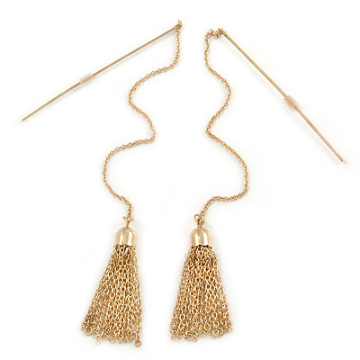 Gold Plated Tassel with Long Chain Drop Earrings - 12cm L