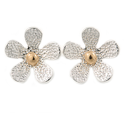 Two Tone Textured Daisy Stud Earrings - 25mm D