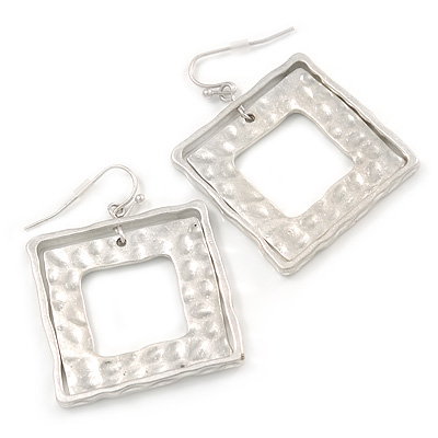 Light Silver Tone Hammered Square Double Frame Earrings - 45mm L