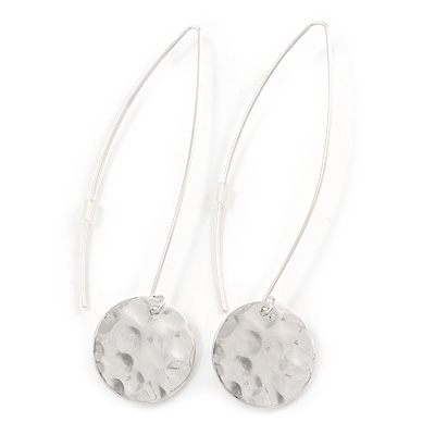 Silver Tone Hammered Coin Drop Earrings - 75mm L - main view