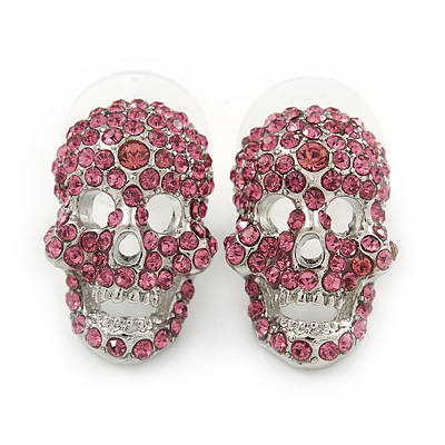 Small Dazzling Pink Crystal Skull Stud Earrings In Silver Plating - 20mm L