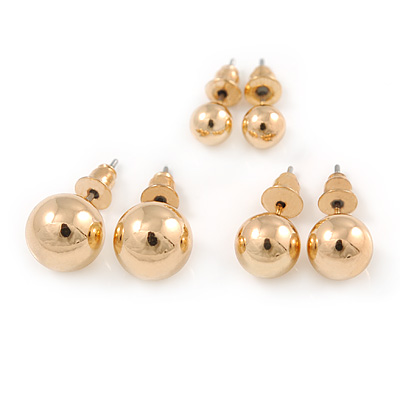 9mm, 7mm, 5mm Set Of 3 Mirrored Gold Tone Acrylic Ball Stud Earrings