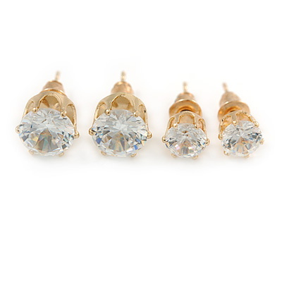 7mm, 5mm Set of 2 Clear Cz Round Cut Stud Earrings In Gold Plating