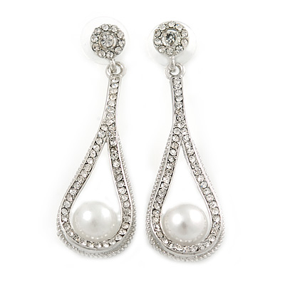 Clear Crystal White Glass Pearl Teardrop Earrings In Silver Tone Metal - 55mm L