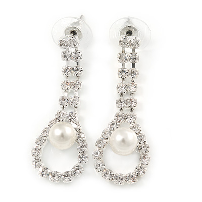 Bridal/ Prom/ Wedding Clear Crystal Pearl Teardop Earrings In Silver Plating - 40mm L
