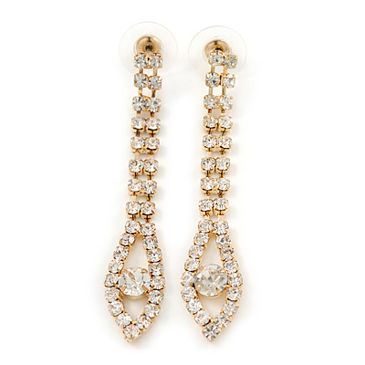 Long Clear Crystal Teardrop Earrings In Gold Plating - 60mm L