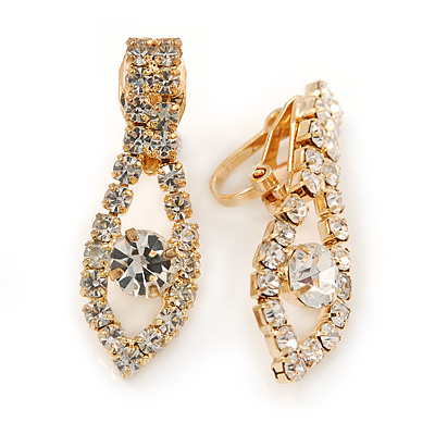 Clear Crystal Leaf Clip On Earrings In Gold Plating - 30mm L