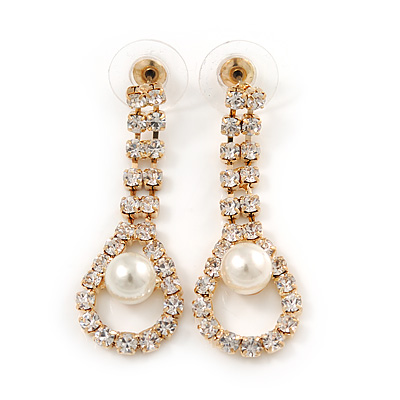 Bridal/ Prom/ Wedding Clear Crystal Pearl Teardop Earrings In Gold Plating - 40mm L