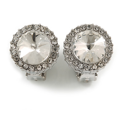 Clear Crystal Round Clip On Earrings In Silver Plating - 13mm D