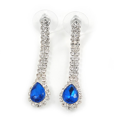 Bridal/ Prom/ Wedding Clear/ Sapphire Blue Crystal Teardrop Earrings In Silver Tone Metal - 40mm L
