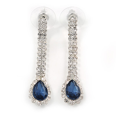 Bridal/ Prom/ Wedding Clear/ Midnight Blue Crystal Teardrop Earrings In Silver Tone Metal - 40mm L