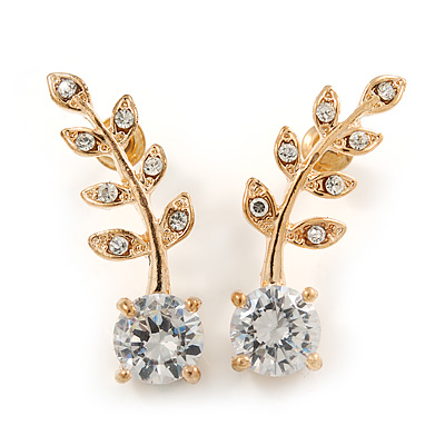 Clear Crystal Leaf Stud Earrings In Gold Plating - 30mm L - main view