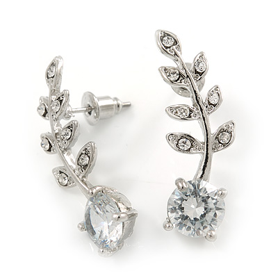 Clear Crystal Leaf Stud Earrings In Silver Plating - 30mm L - main view