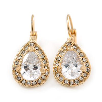 Classic Cz Teardrop Earrings With Leverback Closure In Gold Plating - 27mm L