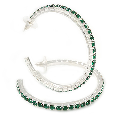 Large Emerald Green Austrian Crystal Hoop Earrings In Rhodium Plating - 6cm D