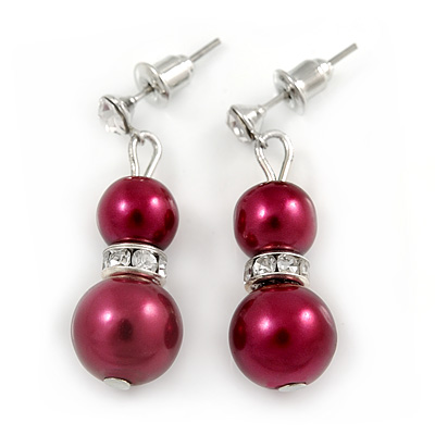 9mm Wine Red Glass Pearl Bead With Crystal Ring Drop Earrings In Silver Tone - 30mm - main view