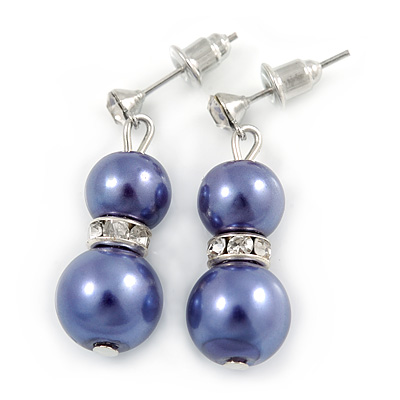 9mm Purple Glass Pearl Bead With Crystal Ring Drop Earrings In Silver Tone - 30mm - main view