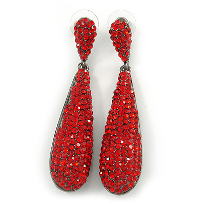Luxury Ruby Red Swarovski Crystal Teardrop Earrings In Black Tone Metal - 75mm L