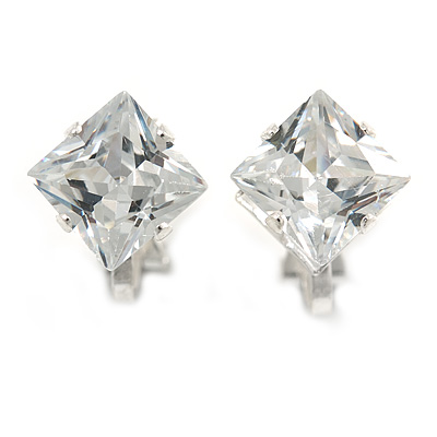 8mm Clear Cz Square Clip On Earrings In Rhodium Plating