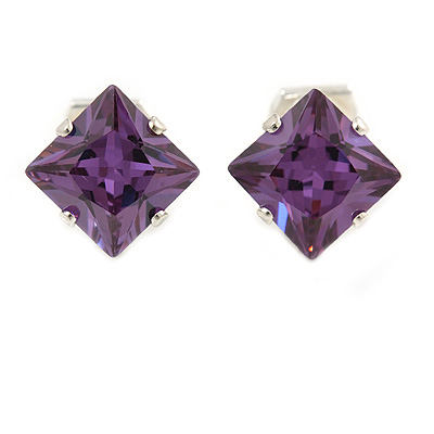 8mm Purple Cz Square Clip On Earrings In Rhodium Plating