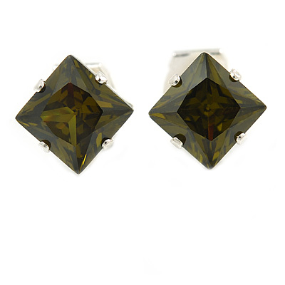 8mm Olive Green Cz Square Clip On Earrings In Rhodium Plating