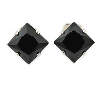 8mm Black Cz Square Clip On Earrings In Rhodium Plating