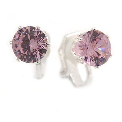 8mm Pink Round Cut Cz Clip On Earrings In Rhodium Plating