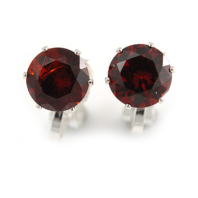 8mm Burgundy Red Round Cut Cz Clip On Earrings In Rhodium Plating