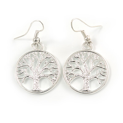'Tree Of Life' Round Drop Earrings In Silver Tone Metal - 40mm L - main view