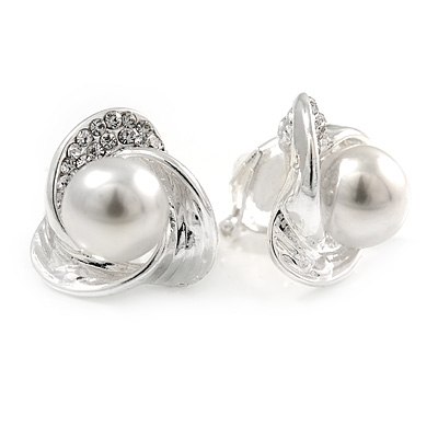 Silver Tone Crystal, Faux Glass Pearl 3 Petal Flower Clip On Earrings - 20mm - main view